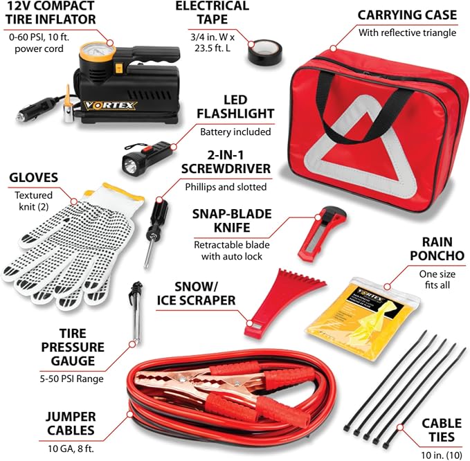 E00012 22 pc. Essential Roadside Assistance Kit: 12V Vortex Tire Inflator, Booster Cables, LED Flashlight, Safety Tools, Emergency Kit, Toolkit with Cable ties, Gloves, Storage Case