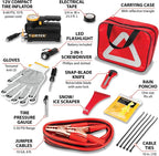 E00012 22 pc. Essential Roadside Assistance Kit: 12V Vortex Tire Inflator, Booster Cables, LED Flashlight, Safety Tools, Emergency Kit, Toolkit with Cable ties, Gloves, Storage Case