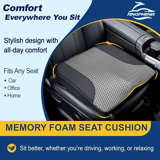 Car Seat Cushion – Memory Foam Pad for Driving Comfort – Boosts Height and Relieves Coccyx & Lower Back Pain – Car, Truck, Office Chair (Leather Black & 4D Mesh Gray)
