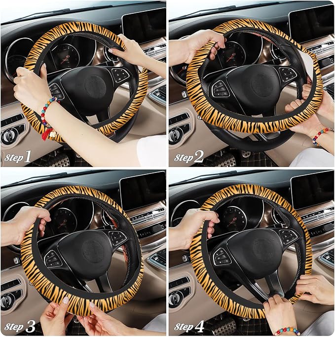 Tiger Stripes Steering Wheel Cover with 2 PCS Cup Coasters for Car,Animal Skin 15 Inch Non-Slip Neoprene Steering Wheel Covers,Breathable Car Accessories Fit for Men Women