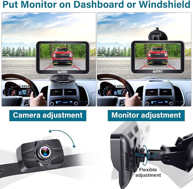 Backup Camera 7-Inch Monitor Truck: 2K USB Plug-Play Easy Set up No Glare-Led Lights Car Rear View Camera Clear Night Vision Reverse Camera DIY Parking Line - A23