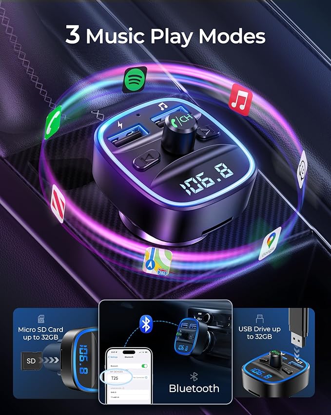 FM Transmitter, Bluetooth FM Transmitter Wireless Radio Adapter Car Kit with Dual USB Charging, Audio Receiver Car Charger MP3 Player, Support Hands-Free Calling, TF Card & USB Disk