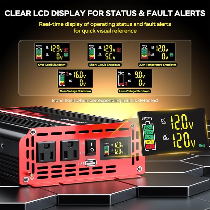 3000 Watts Power Inverter 12V DC to 110V/120V AC Converter Peak Power 6000W Car Inverter with LCD Display, 2 AC Outlets, 3.1A USB Port for RV, Camping,Truck, Boat, Off-Grid Solar System