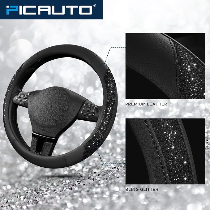 Steering Wheel Cover, Black Sparkly Crystal Bling Glitter with Leather, Universal Fit 14.5"-15.5" Car Steering Wheels for Girls & Women, Anti-Slip Wheels Cover for Cars, Trucks, Van, SUVs