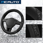 Steering Wheel Cover, Black Sparkly Crystal Bling Glitter with Leather, Universal Fit 14.5"-15.5" Car Steering Wheels for Girls & Women, Anti-Slip Wheels Cover for Cars, Trucks, Van, SUVs
