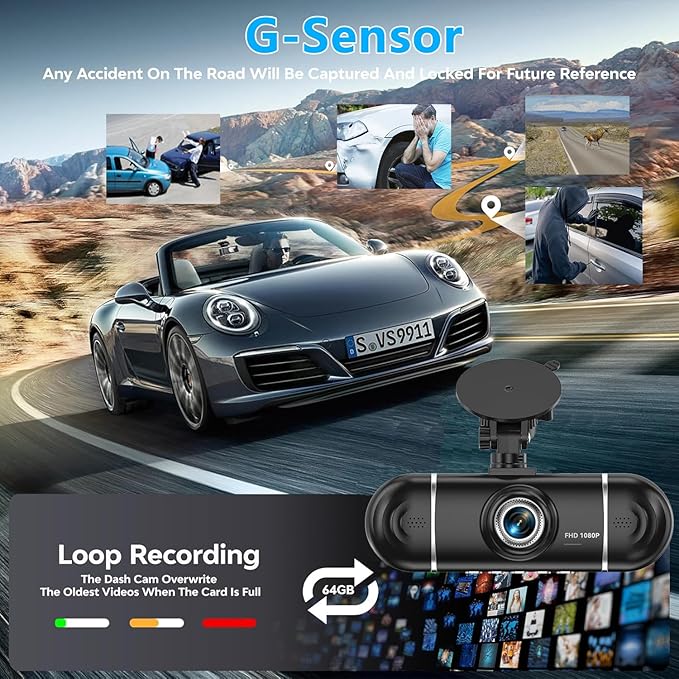 4 Channel Dash Cam Front and Rear Left Right, 360° View 1080P Car Dash Camera, Super Night Vision, G-Sensor,170° Wide Angle, Loop Recording, 24H Parking Monitor, WiFi & APP Control, 64GB SD Card