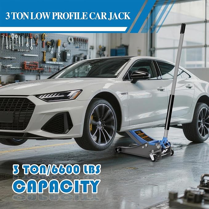 3 Ton Low Profile Floor Jack - Heavy Duty Steel Hydraulic Car Jack with Dual-Piston Rapid Lift Pump, 3.34"-18.5" Lifting Range, Magnetic Parts Tray, Blue