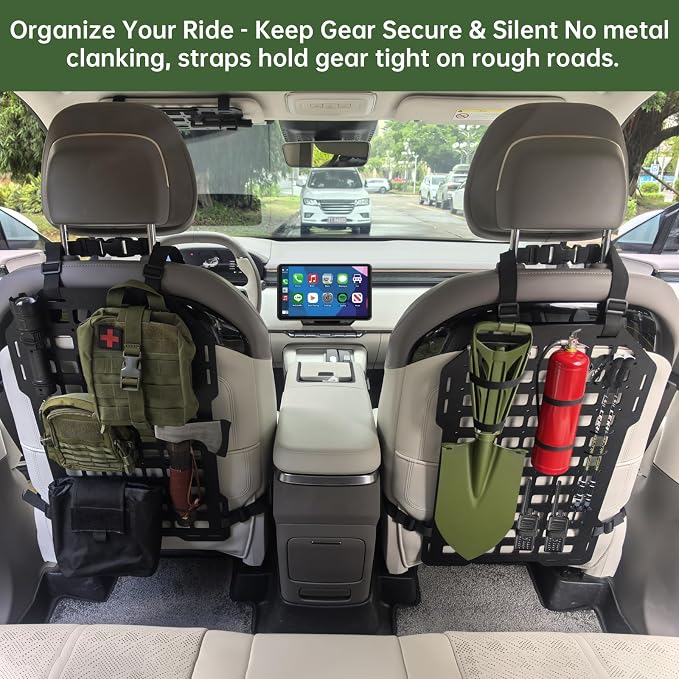 Tactical Car Seat Back MOLLE Panel with Sun Visor Organizer, Rigid ABS Engineering Plastic MOLLE Panel for Truck & SUV, Includes 1 Utility Pouch, Tactical Back Seat Car Organizer | Visor and seat back panels for organized front and rear storage of tool...