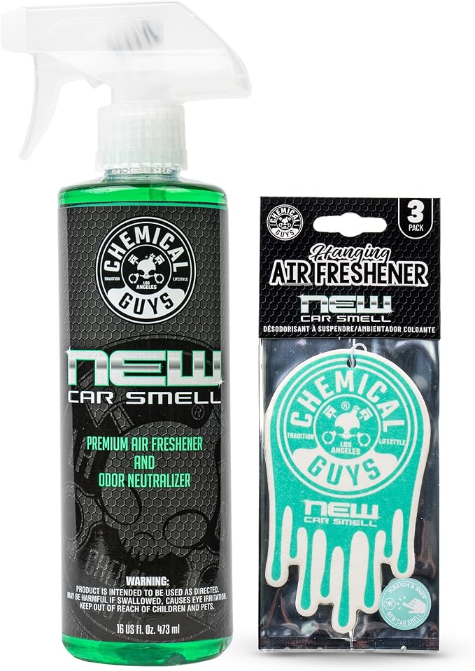 New Car Scent Air Freshener and Odor Eliminator, 16 fl oz with 3 Pack of Hanging Air Fresheners (Great for Cars, Trucks, SUVs, RVs, Home, Office, Dorm Room & More) - HOL459