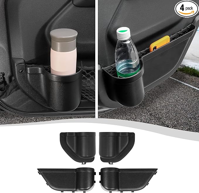 Front & Rear Door Side Insert Storage Box, Door Organizer Pockets Fit for 2018-2026 Jeep Wrangler JL JLU & Gladiator JT, 4Pcs Black Cup Holder Interior Storage Expansion Accessories