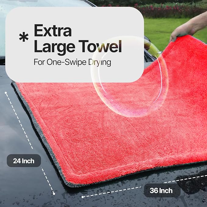 Crystal Clean 1300GSM Microfiber Towels for Cars – XL Drying Towel with Double Twisted Loop, Professional Detailing Towel Car Detailers - Quick Dry, Paint Safe & Swirl-Free (2 Pack Red)