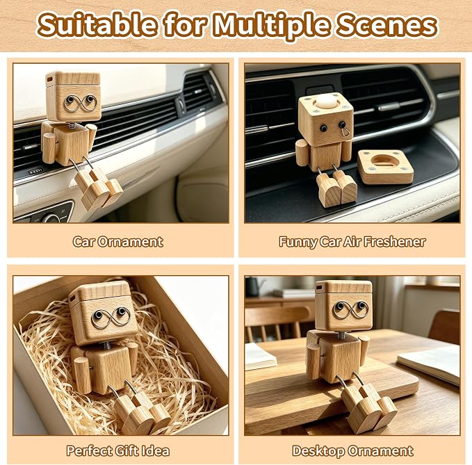 2-in-1 Wood Car Air Diffuser - Shaking Wooden Man Figurine, Wooden Car Dashboard Decorations, Shaking Feet Wooden Doll with Car Vent Clips, Funny Car Accessories Interior Gift