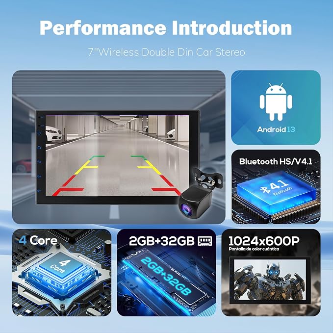 7 Inch Double Din Car Stereo with Wireless Apple CarPlay & Android Auto, Android 13 Car Radio 2GB+32GB, GPS Navigation, Bluetooth, WiFi, Backup Camera, FM/RDS, Universal Double DIN Head Unit