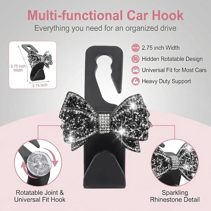 2 PCS Bling Car Seat Headrest Hooks, Crystal Rhinestone Bow Car Purse Hooks, Vehicle Seat Back Storage Hook for Handbag Purse Coat Grocery, Universal for SUV Truck Sedan (Black)