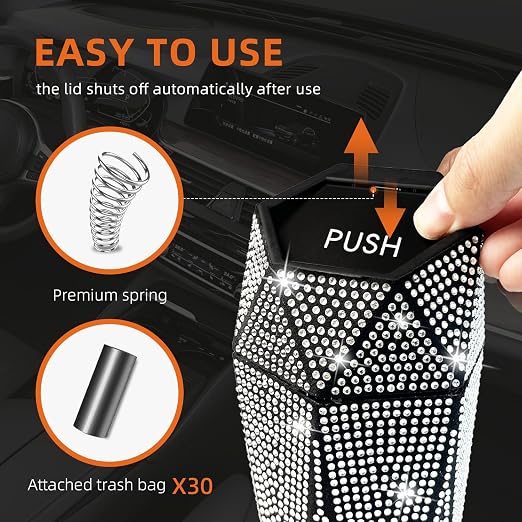 Bling Car Trash Can with Lid, Bling Car Accessories Trash Bin, Leakproof Auto Garbage Can with 30 Trash Bags, Multipurpose Organizers and Storage for Home, Office (Silver Diamond)