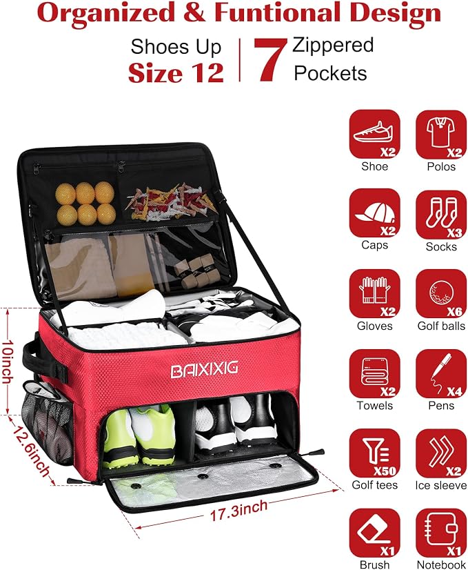 Golf Trunk Organizer, Waterproof Car Golf Locker with Separate Ventilated Compartment for 2 Pair Shoes, Golf Storage for Balls, Tees, Cap, Clothes, Gloves, Accessories, Gifts for Men, Women