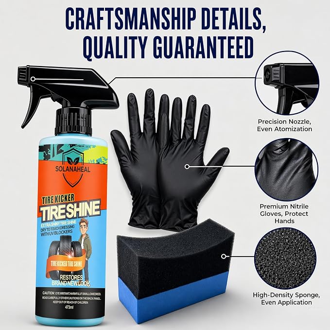 Tire Kicker Tire Shine Spray, Dry-to-Touch Tire Dressing with UV Blockers, High Gloss Tire Shine Kit with Applicator Sponge & Gloves, for Cars, Trucks, SUVs, Motorcycles & RVs
