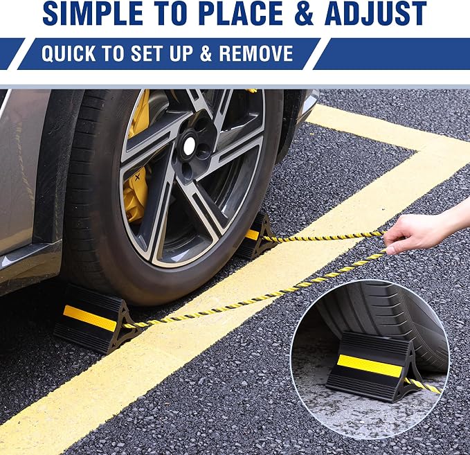4-Pack Rubber Wheel Chocks with Rope & 3 Reflective Strips, Heavy Duty Non-Slip Tire Stoppers for Cars, SUVs & Trailers, Rubber Wheel Wedges for Garage & Driveway