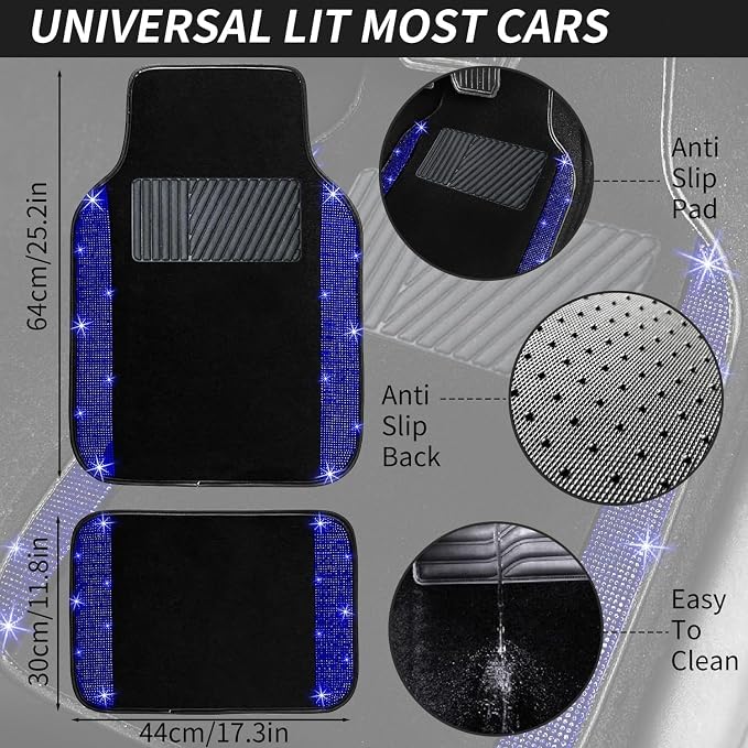 12 Pcs Bling Car Accessories Set for Women Car Floor Mats Full Set Steering Wheel Cover Seat Belt Covers Coasters Universal Fit Car SUV Truck Van Blue