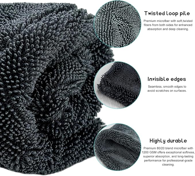 Microfiber Towels for Cars, 15.7"x15.7" 1200 GSM Ultra Thick Soft Car Detailing Drying Towel, Super Absorbent Double Twisted Loop Cloth Cleaning Towel for Car Truck SUV