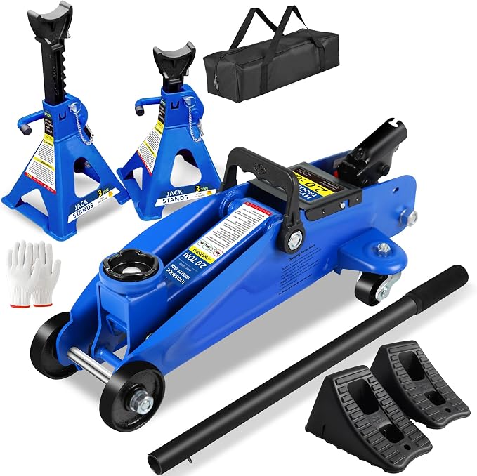 2 Ton Low Profile Floor Jack, 4000 lbs, with Stands, Chock & Gloves – Blue | Steel jack, 5.3"-13" lift. Overload valve, leak-proof. with stands, chock, gloves. For cars, SUVs, DIYers & mechanics.