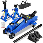 2 Ton Low Profile Floor Jack, 4000 lbs, with Stands, Chock & Gloves – Blue | Steel jack, 5.3"-13" lift. Overload valve, leak-proof. with stands, chock, gloves. For cars, SUVs, DIYers & mechanics.