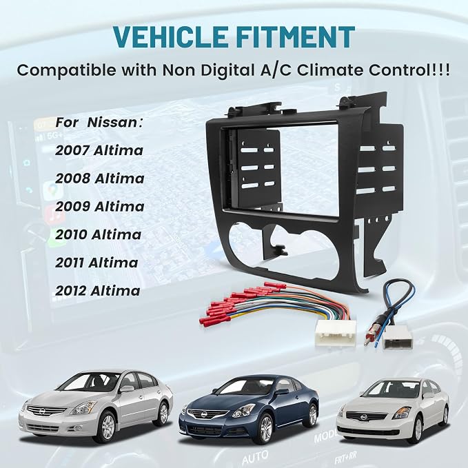 NuIth Double DIN Radio Dash Kits for Nissan Altima 2007-2012 with Non Digital A/C Climate Control, Altima 2Din Stereo Wiring Harness Adapter, Altima Trim Bezel Mount Housing Bracket