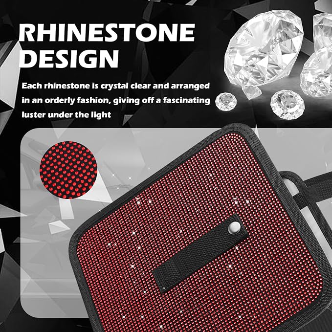 Bling Car Trash Can with Rhinestone,Foldable Car Garbage Can for in-Vehicle Waste Disposal,Multipurpose Hanging Back Seat Organizer & Decorations Fit for Most Cars Trucks (Red)