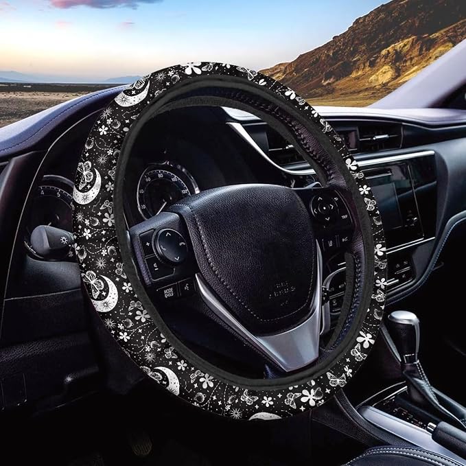 Moon Butterfly Star Flower Pattern Car Steering Wheel Cover with a Diameter of 15" Sports Style Auto Wheel Cover Vehicle Wheel Protector Steering Wheels Accessories for Car SUV Van Truck