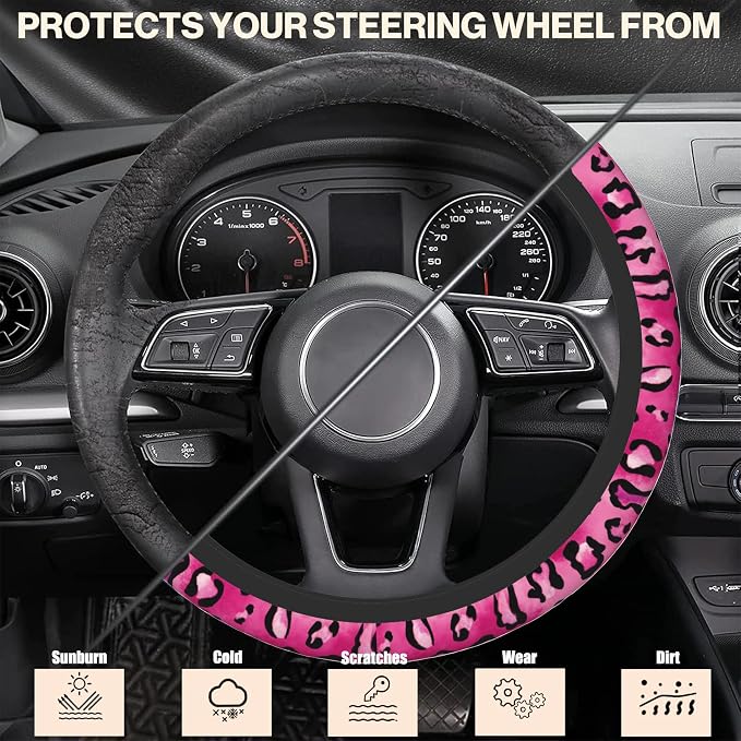 Watercolor Pink Leopard Car Steering Wheel Cover, Non-Slip Absorbing Sweat Car Wheel Cover Accessories for Men Women,Universal 15" Fit Auto SUV Vans Trucks