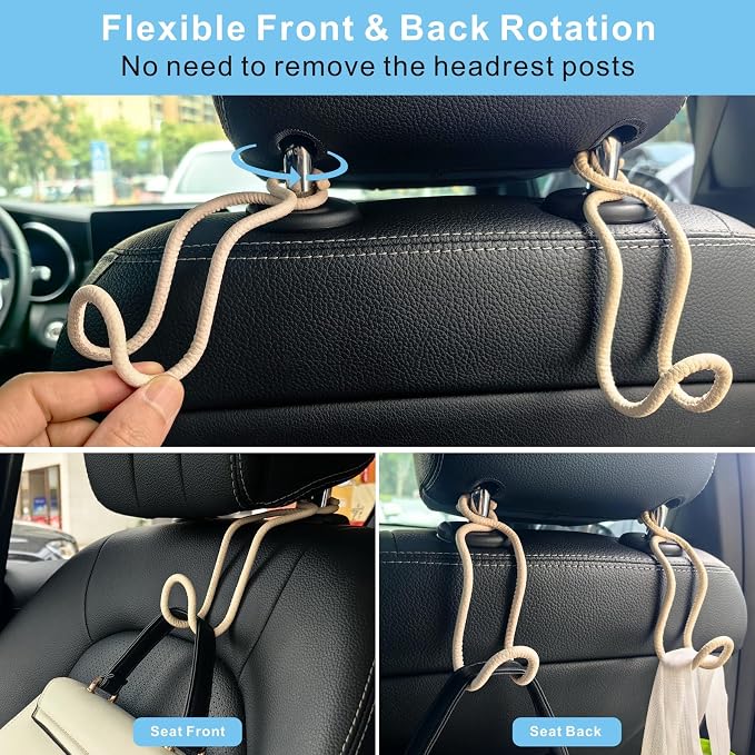 Purse Hooks for Car - 2 Pack Back Seat Storage Holder - Beige Leather/2L | Universal Car Headrest Hanger with Anti-Drop Lock Loop for Hat Bag Grocery Handbag Coat Must Have Stuff for Vehicle Truck SUV