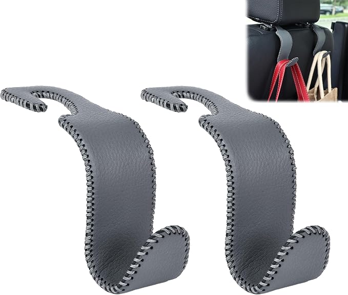 Car Seat Headrest Hook Universal Vehicle Storage Hanger Leather with Metal Car Seat Back Organizer for Handbag Purse Coat Grey 2 Pack