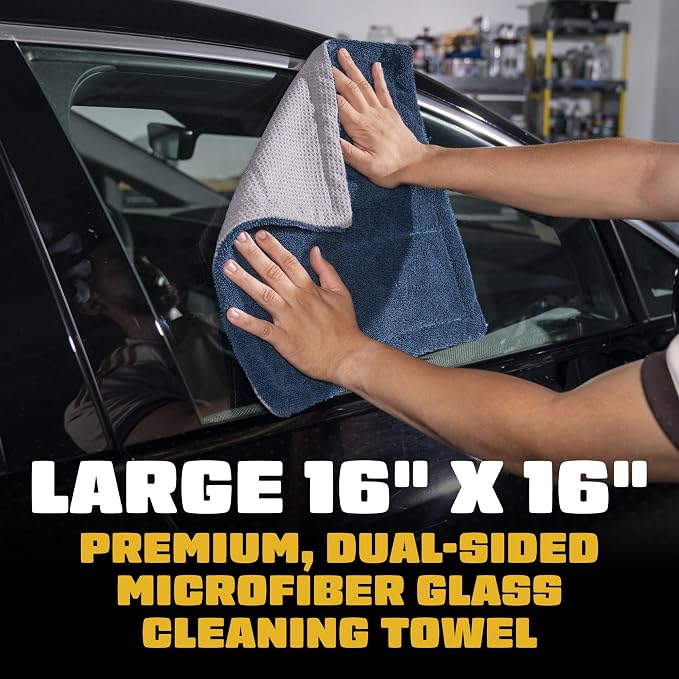 Clean Stroke Dual-Sided Microfiber Glass Towels - 16 x 16 Premium Streak-Free Cloths for Cars, Trucks, SUVs - Scratch-Free, Lint-Free Detailing Towels for Clear Glass & Mirrors (2 Pack)