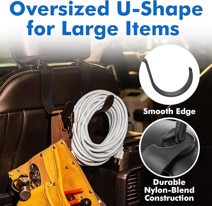 XL Hard Hat Holder for Truck, Heavy-Duty Headrest Hooks, Seat Back Organizer for Hard Hats, Bags & Gear, Universal Truck & Car Headrest Organizer, 2-Pack