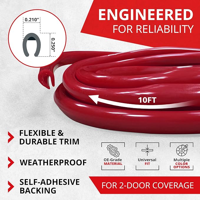 Car Door Edge Protector – Universal DIY Edge Trim to Prevent Scratches & Dings – Flexible Adhesive Molding Trim for Cars, Trucks & SUVs (10 Ft - Red)