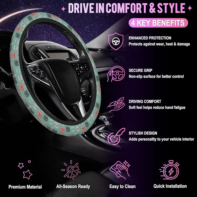 Cute Cat Face Steering Wheel Cover for Women Men Neoprene Breathable Wheel Cover Protector Anti-Slip Car Accessories Universal 15 Inch Fit for Cars Trucks Vehicles