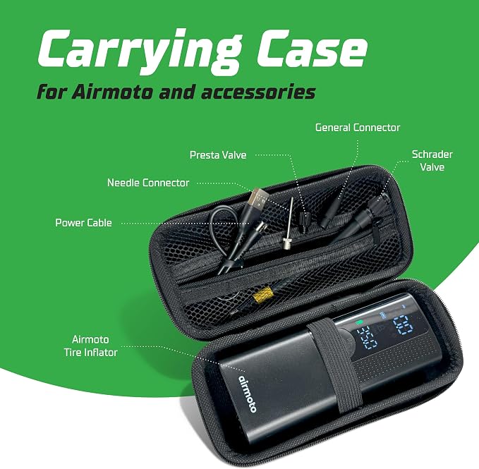 and Carrying Case Bundle Deal - Tire Inflator Portable Air Compressor with Hard Case - Air Pump for Car Tires, Motorcycle, Bicycle - Cordless Tire Pump with Tire Pressure Gauge