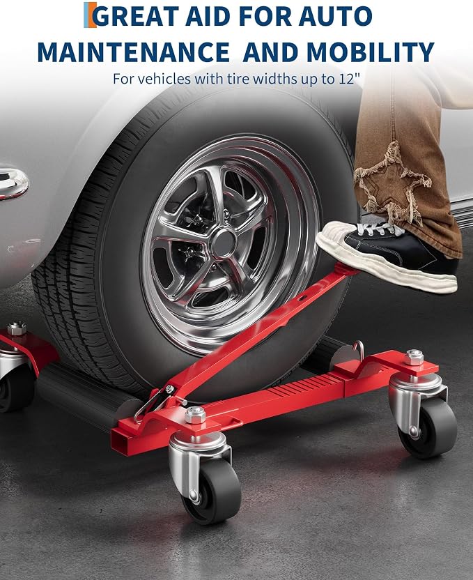 Car Wheel Dolly Jack Set of 4, Mechanical 6000lbs Vehicle Skates, 12'' Wheel Dollies Positioning Jack, Heavy Duty Rollers with Ratcheting Foot Pedal for for Tire Repairing, Vehicle Moving, Red