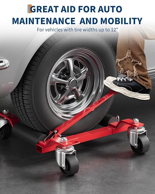 Car Wheel Dolly Jack Set of 2, Heavy Duty 3000 LBS Capacity Mechanical Wheel Dolly with Ratcheting Foot Pedal, Vehicle Positioning Jack for Tire Auto Repair Moving, Red