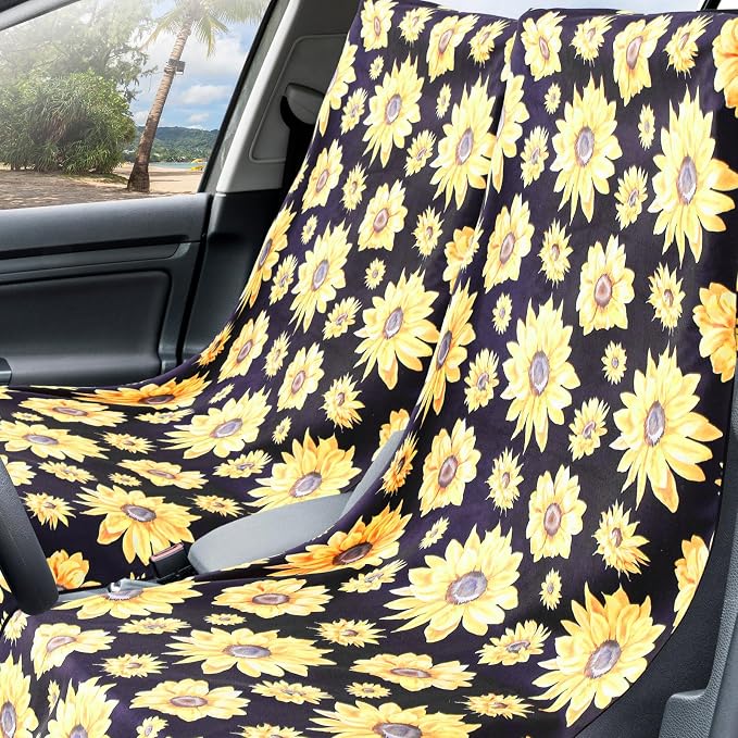 Car Seat Towel Covers with Storage Bag, 63 x 32 Inch Universal Non Slip Waterproof Sweat Protector for Car Truck, Gym Swimming Running, Machine Washable(2 Pack,Sunflower)