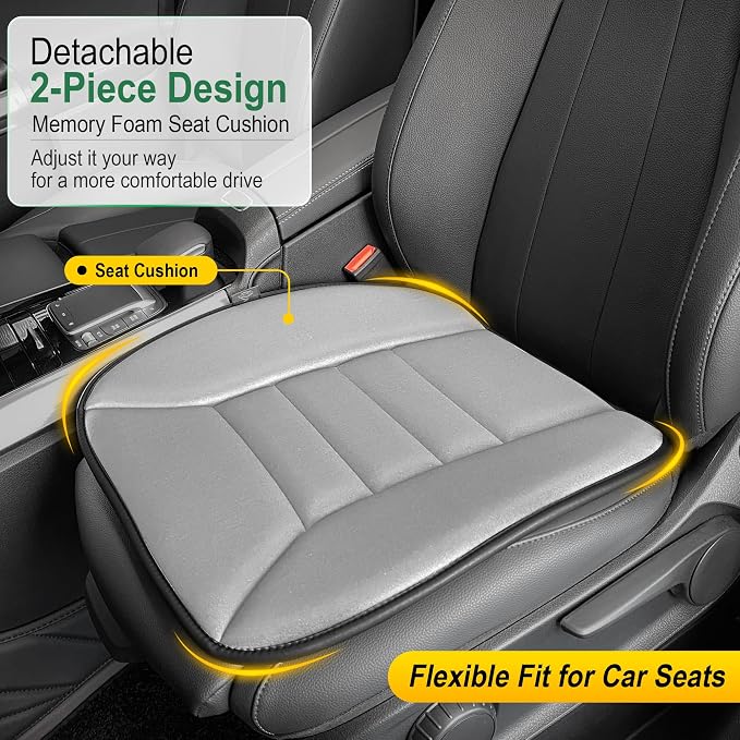 3-Piece Car Seat Cushion Set, 1.2inch Memory Foam Comfort, 2 Front Automotive Seat Cushions + Rear Bench Cushion, Non-Slip Bottom, Fits Sedan SUV Truck Van, Car & Office Chair, Gray
