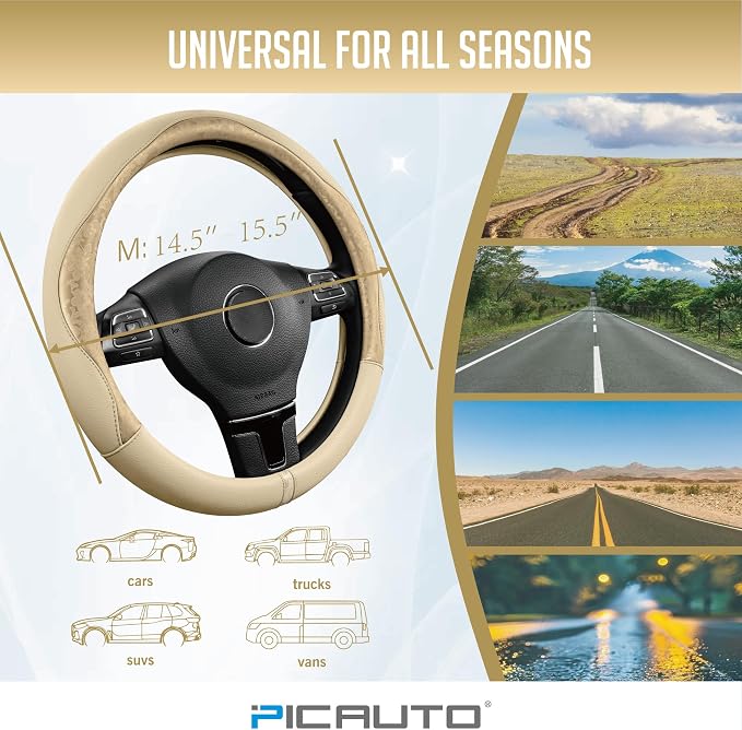 Steering Wheel Cover, Gold Patterned Leather Patchwork Design, Universal Fit 14.5"–15.5", Anti-Slip, Odor-Free, Soft PU Grain Leather, Durable Grip Car Accessory for Girls & Women