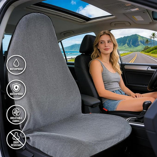 1PC Waterproof Towel Car Seat Cover - 525g Heavy Duty 3-Layer Microfiber Sweat Protector for Bucket Seats - Non-Slip Machine Washable Universal Fit for Gym, Yoga, Beach, Pets & Outdoors-Gray