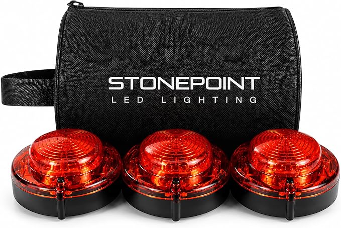 Emergency LED Road Flare Kit Set of 3 LED Bright Roadside Beacons with Magnetic Base Flashing or Steady Red Lights Includes Storage Bag
