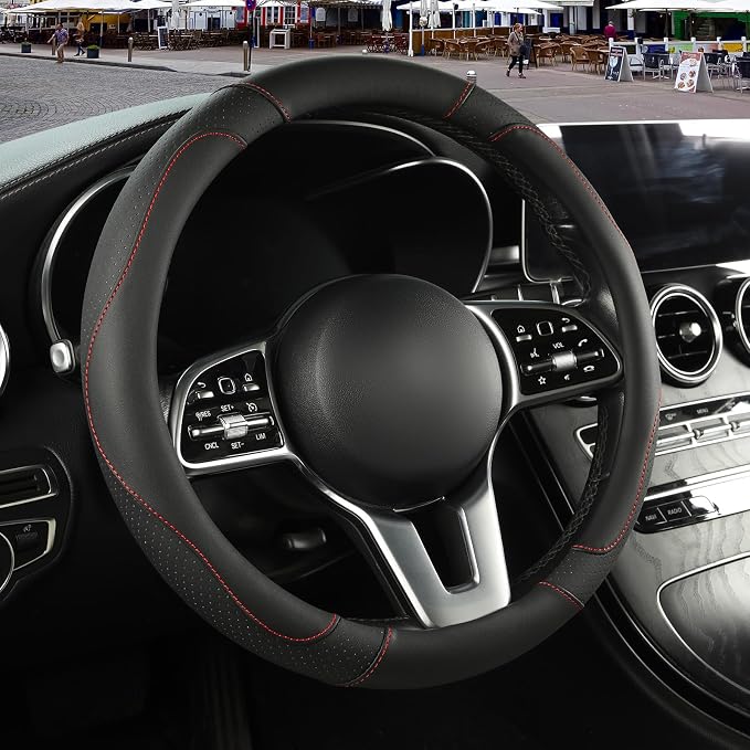 Black Microfiber Leather Steering Wheel Cover 14 inch | Breathable Anti Slip Grip Cool Sporty Look Glow for Women Men