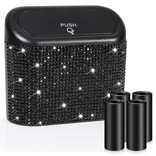 Bling Car Trash Can with Lid, Mini Auto Garbage Storage Bin with 60pcs Garbage Bags, Sparkling Crystal Trash Bags Holder Dustbin Vehicle Accessories Container Organizer (Black Rhinestone)