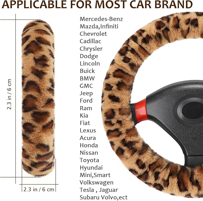 Fuzzy Car Steering Wheel Cover, Universal Fit Fur Auto Wheel Cover & Handbrake Cover & Gear Shift Cover Set, Anti-Slip Leopard Warm Fluffy Vehicle Wheel Protector Car Accessories for Men Women