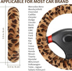 Fuzzy Car Steering Wheel Cover, Universal Fit Fur Auto Wheel Cover & Handbrake Cover & Gear Shift Cover Set, Anti-Slip Leopard Warm Fluffy Vehicle Wheel Protector Car Accessories for Men Women
