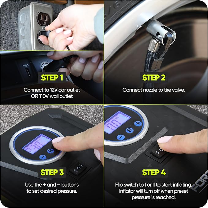Tire Inflator Portable Air Compressor, Air Pump for Car Tires and Bikes, Car Tire Pump w/Auto Shut Off, 150 PSI, 110V AC 12V DC, LED Light, Carrying Case, Perfect For Men, Women
