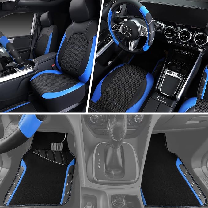 Air Mesh Leather Car Seat Covers Full Set, Waterproof Car Floor Mats, Sporty Steering Wheel Cover 14.5-15in, Universal Fits for 95% Cars Truck SUV (Black and Blue)